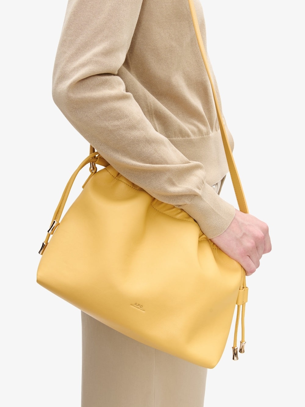 A.P.C. Butter Yellow Leather Ninon Drawstring Shoulder Bag NWOT
